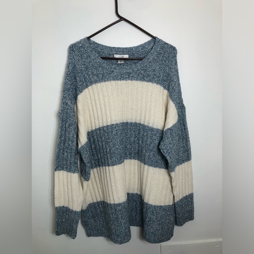 CJ Banks Blue and Cream Striped Crewneck Sweater